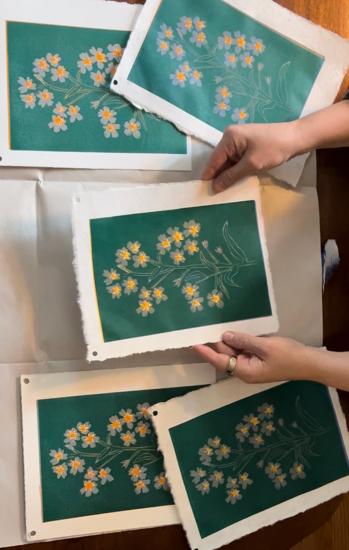 Forget Me Not: Color Reduction Relief Linocut Print, Hand Carved and Hand Printed, 5" x 7" image