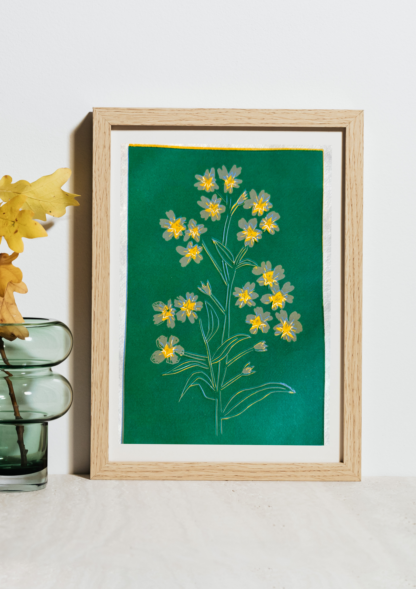 Forget Me Not: Color Reduction Relief Linocut Print, Hand Carved and Hand Printed, 5" x 7" image