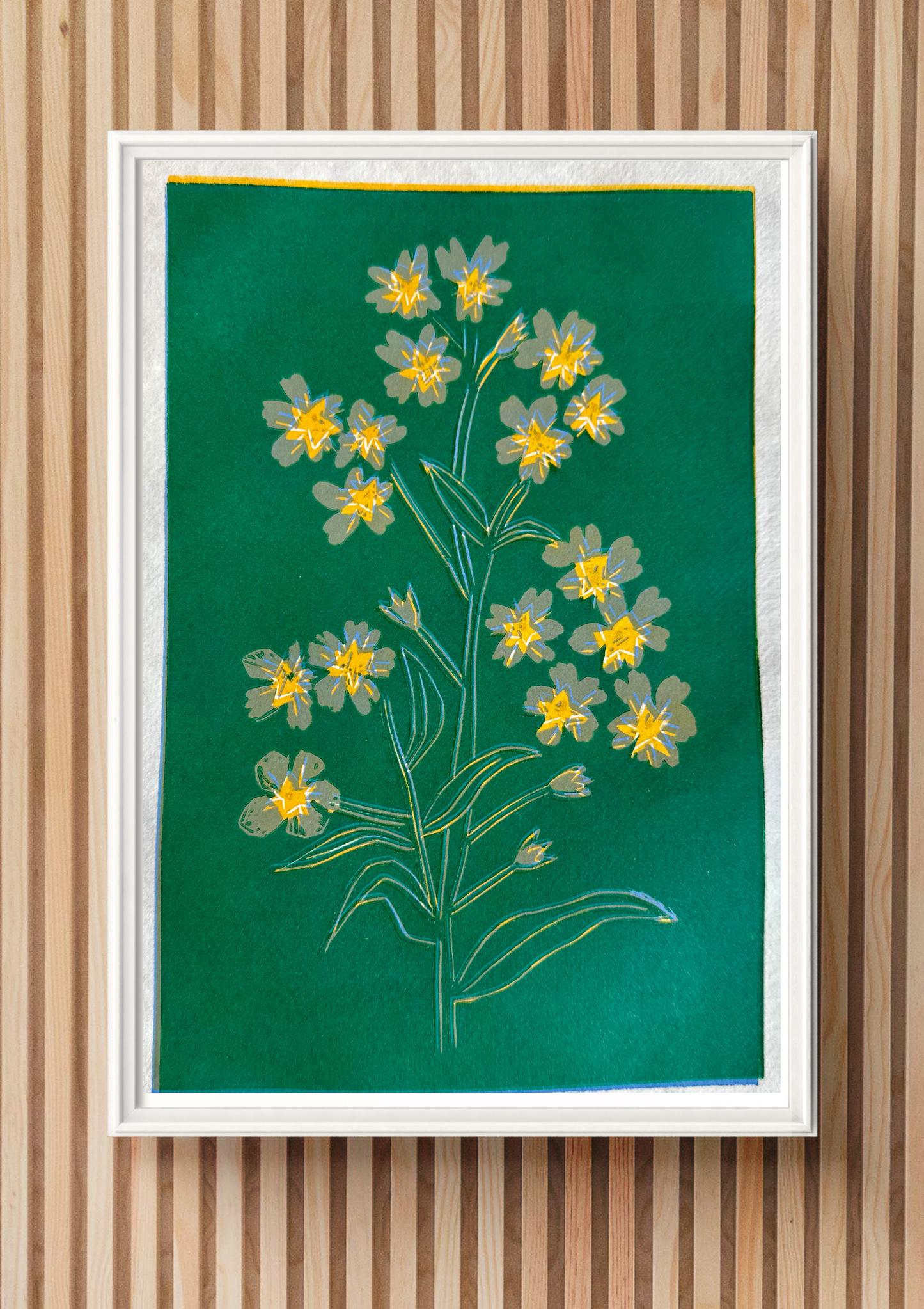 Forget Me Not: Color Reduction Relief Linocut Print, Hand Carved and Hand Printed, 5" x 7" image