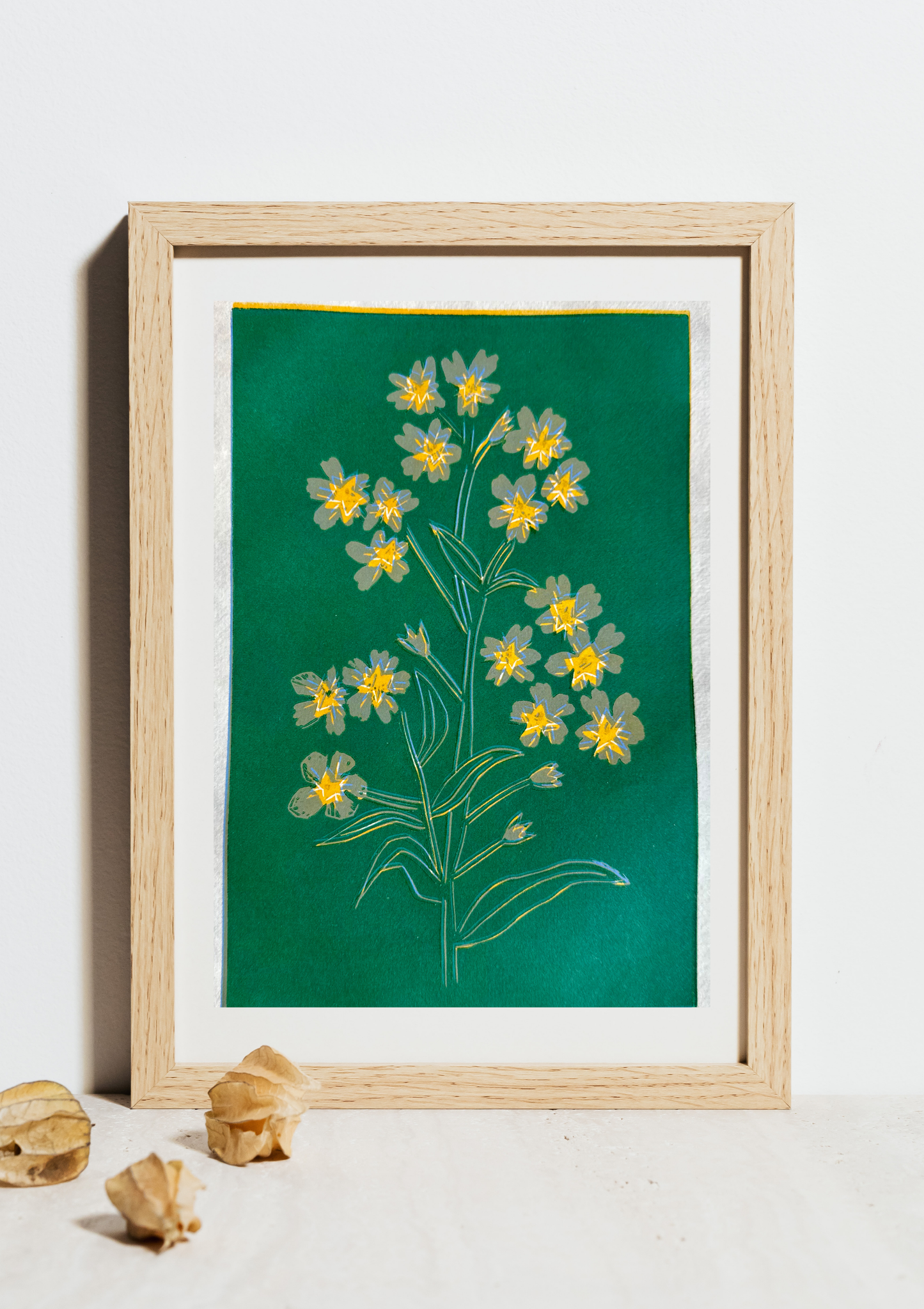 Forget Me Not: Color Reduction Relief Linocut Print, Hand Carved and Hand Printed, 5" x 7" image