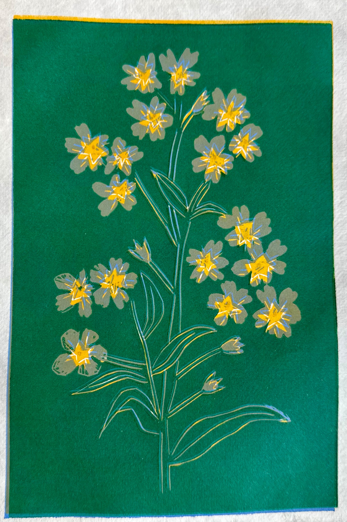 Forget Me Not: Color Reduction Relief Linocut Print, Hand Carved and Hand Printed, 5" x 7" image